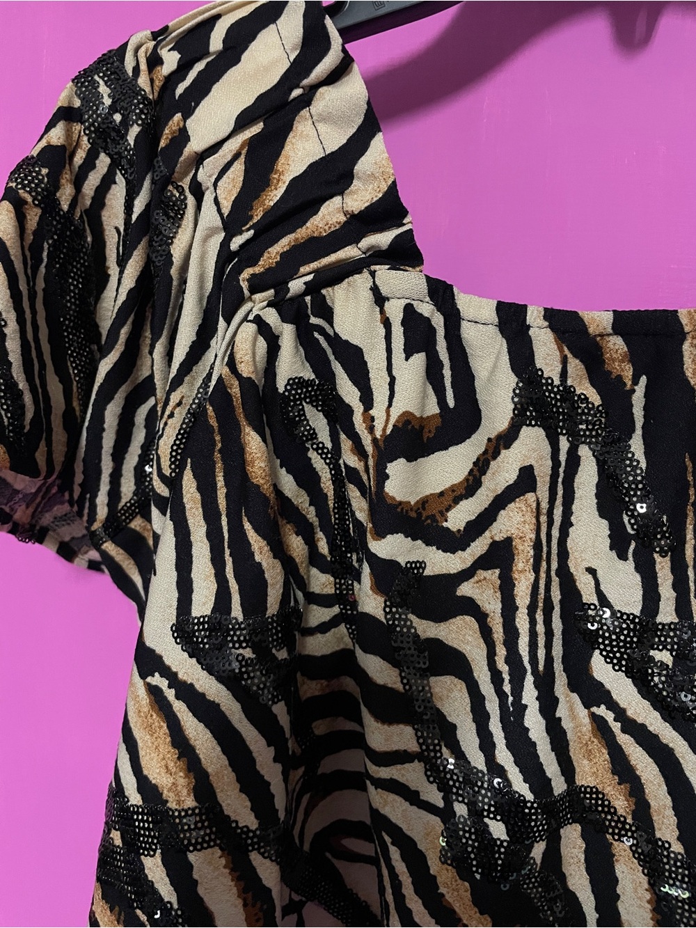 QUEEN OF SPARKLES Black and Cream Zebra Sequin Blouse - Picture 5 of 5
